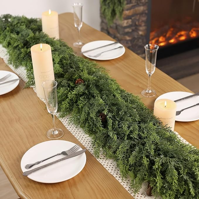 Christmas Cedar Garland - 9ft Artificial Cedar Garland Faux Lush Green Fake Pine Needles for Fireplace,Table,Window,Stairs,Mante,Holiday Indoor Outdoor Xmas Decor(2PCS)