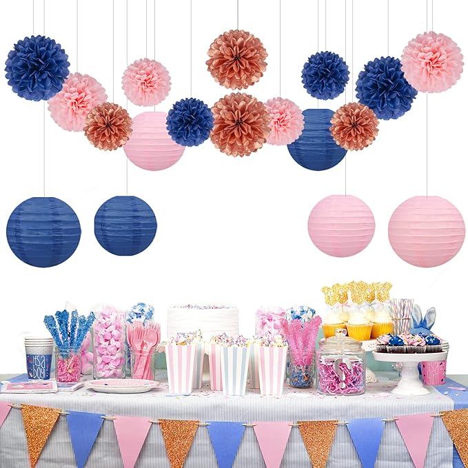 Rose-Gold Navy-Blue Pink Party Decorations - 18pcs Gender Reveal Decor,Tissue Pom Poms Event Supplies,Paper Flowers,Paper Lanterns,Baby Shower decoration,Birthday,Engagement,Bachelorette,Wedding