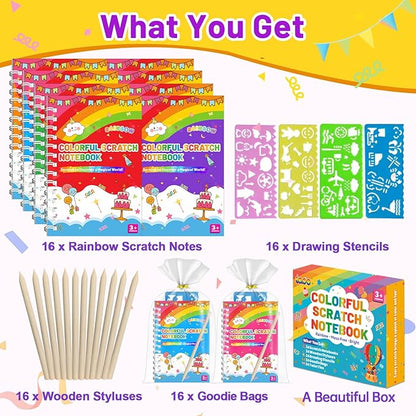 Party Favors for Kids: 16 Pack Scratch Art Notebooks with Rainbow Colors, 2-in-1 Coloring & Scratch Books, Bulk Birthday Gifts, Goodie Bags, Classroom Prizes for Boys & Girls