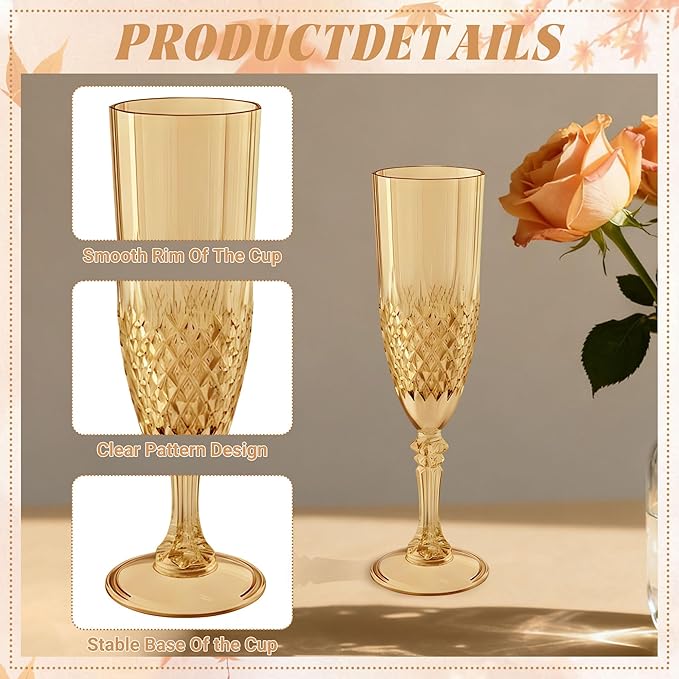 Plastic Champagne Flutes, 24PCS Gold Wine Glasses Goblets Cups Reusable Flute, for Weddings Bachelor Parties Toasting and Events(24, Gold)