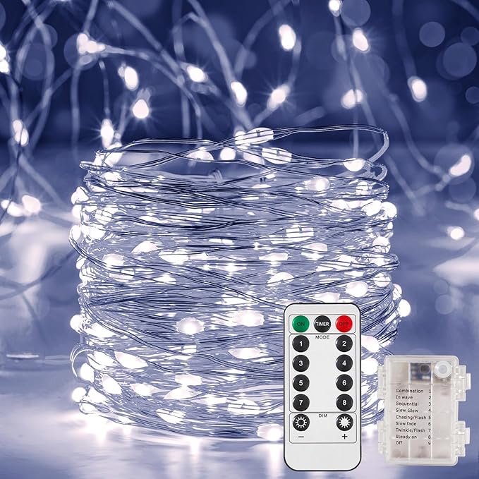 1 Pack 16.4 Ft. Battery Operated Outdoor String Lights with Remote & Timer, LED Cool White Fairy Lights, Waterproof Twinkle Lights for Bedroom, Dorm, Mason Jar, Wedding, Party, Christmas
