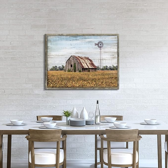 Vintage Farmhouse Wall Art Framed - Rustic Windmill Landscape Painting Artwork for Wall Decor