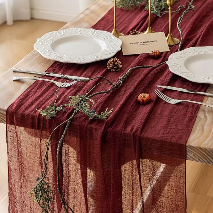 6pcs Burgundy Cheesecloth Table Runner Gauze 120 Inch 10 FT Rustic Boho Cheese Cloth Runner for Wedding Baby Shower Bridal Shower Engagement Birthday Party Long Sheer Home Decorations