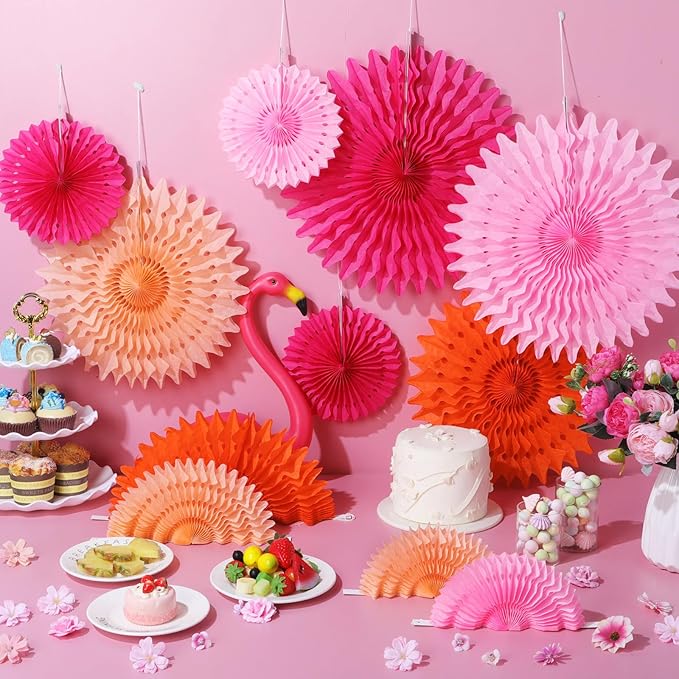 Outus 12 Pcs Hanging Honeycomb Paper Fans Sets, Fiesta Pink and Orange Party Decorations, Tissue Paper Flowers Supplies for Birthday Wall Classroom Wedding Bridal Photo Backdrop (14/10/6 Inch)