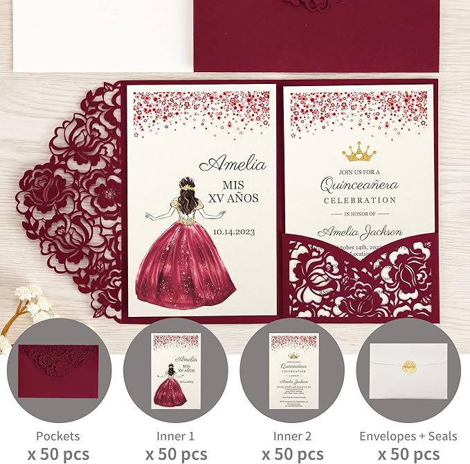 DORIS HOME 50pcs Laser Cut Quinceanera Invitations Burgundy, 4.7x7.1 Personalized Quince Invitations for 15th Birthday, Invitation cards for Sweet 16 with Envelopes