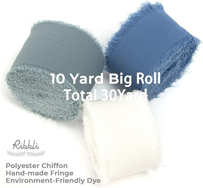 Ribbli Chiffon Silk Ribbon, 1.5 in x 30 Yards, White/Slate Blue/Dusty Blue Fringe, Wedding Invitations, Bridal Bouquets, Flower Arrangement