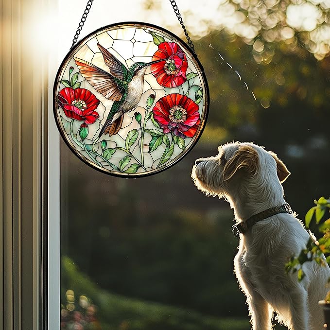 Stained Glass Window Hanging - Green Hummingbird Red Flower Suncatcher for Door Terrace Garden Home Decor Bird Landscape Sun Catcher Birthday Gifts for Lovers Women Men Dad Mom Nana 6.3 in