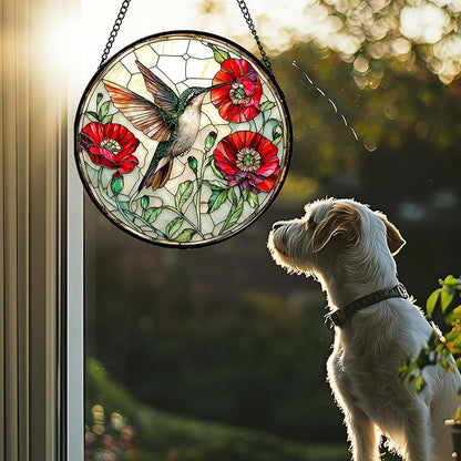 Stained Glass Window Hanging - Green Hummingbird Red Flower Suncatcher for Door Terrace Garden Home Decor Bird Landscape Sun Catcher Birthday Gifts for Lovers Women Men Dad Mom Nana 6.3 in
