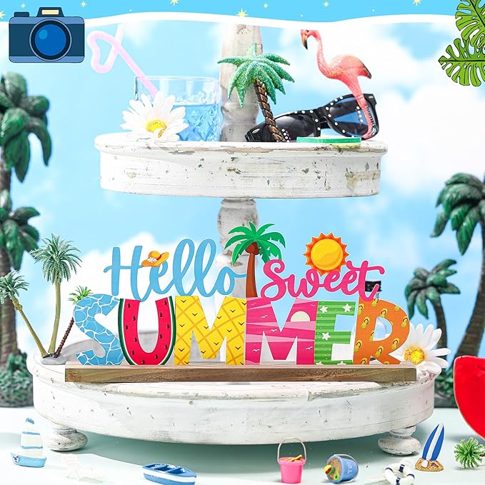 Hello Sweet Summer Metal Sign Rustic Table Decor Holiday Tiered Tray Decor with Wooden Base Freestanding Metal Word Sign for Home Tabletop Centerpiece Mantel Shelf Fireplace