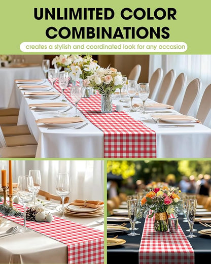 Pureegg Gingham Plastic Table Runners - 10 Pack, 14'' x 108'', Water Resistant & Disposable Plaid Centerpiece Decorations for Table Cloth, Birthday, Holiday, Party, Red and White Checkered Home Decor