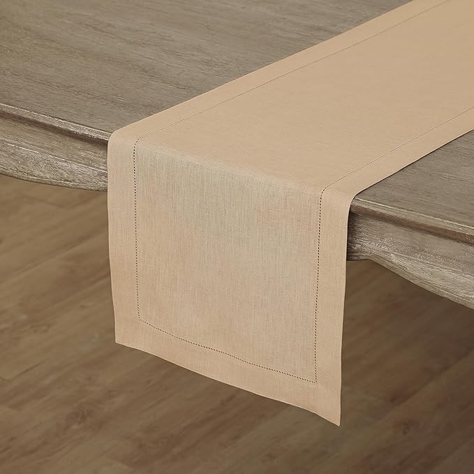 Solino Home Linen Hemstitch Table Runner 60 Inches - 100% Pure Linen Beige Table Runner 14 x 60 Inch Ideal for Dresser and Coffee Tables - Fall, Autumn, Thanksgiving, Christmas - Classic Hemstitch