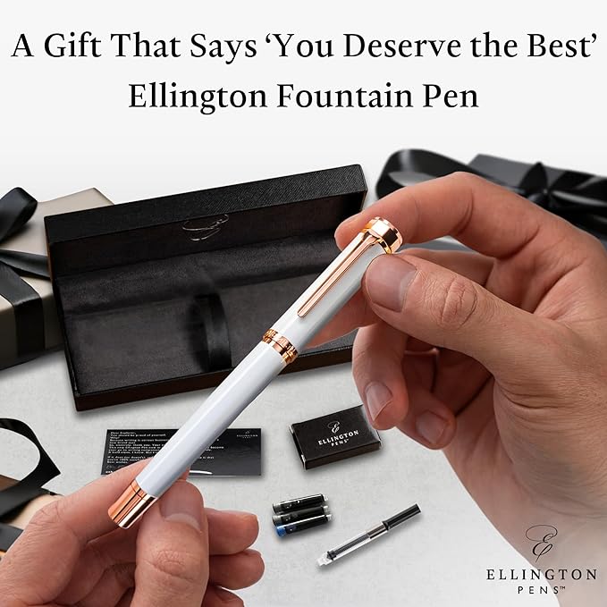 Ellington Pens Luxury Fountain Pen Set- Fountain Pens for Writing - Smooth Medium Nib - Includes Refillable Ink Converter, 3 Ink Cartridges [Black & Blue], Gift Box - Elegant Calligraphy
