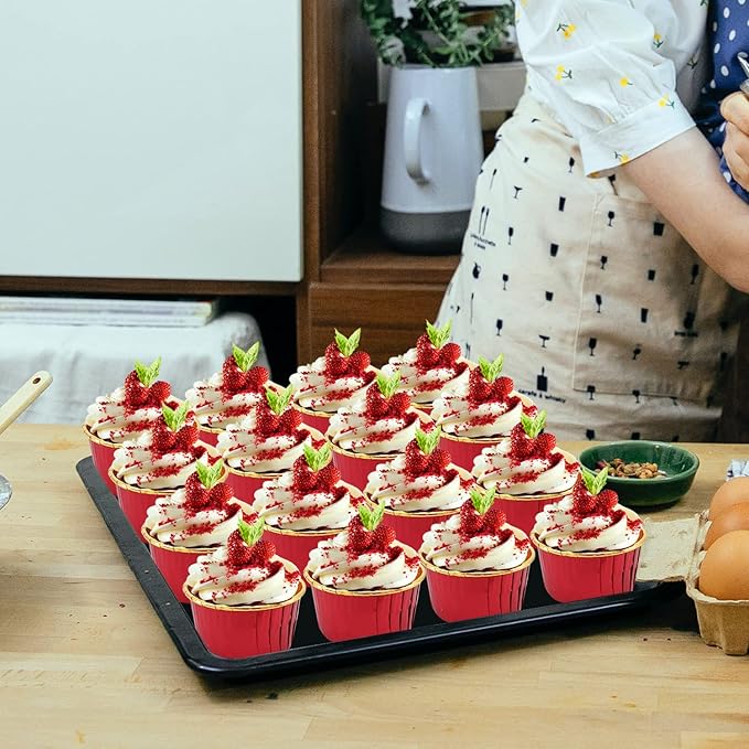 Foil Cupcake Liners with Dome Lids 100Pack,Free-Air 3.5Oz Cups for Baking,Disposable Ramekins Muffin Tins Cupcake Wrappers, with Spoons-Red in gold