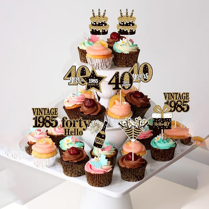 36PCS Happy 40th Birthday Cupcake Toppers Double Sided Black Gold Forty Hello 40 Vintage 1985 Cupcake Picks Cheers to 40 Years 40 Fabulous Cake Decorations for 40th Birthday Party Supplies