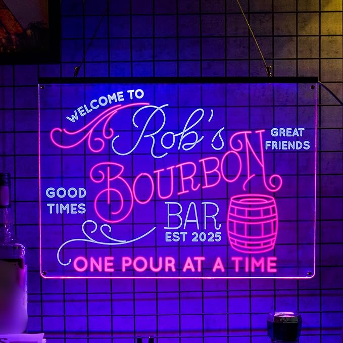 Personalized Bourbon Bar Signs with Your Name for home wall light up with personalized pub name, man cave accessories, beer themed neon customizable lighted sign