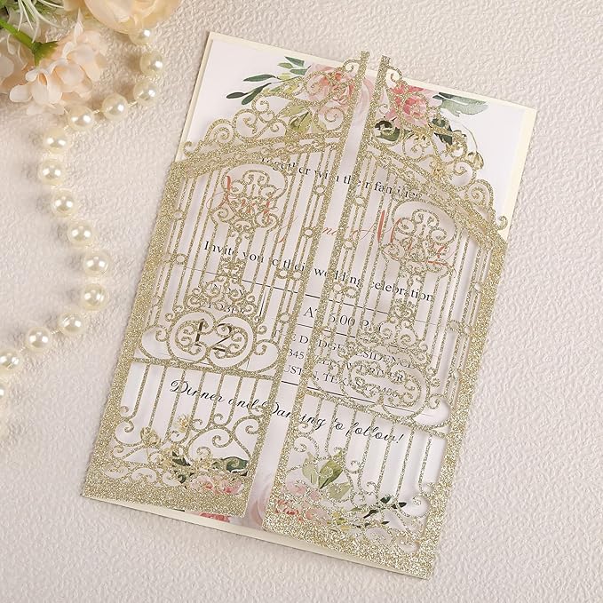 50PCS Gold Glitter Wedding Invitations Laser Cut Invitations with Envelopes and Rsvp Cards Personalized Inserts for Quinceanera Bridal Baby Shower Anniversary Birthday Engagement Fence Fold Design