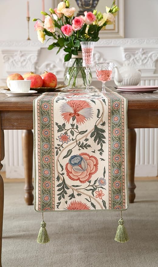 ISAENNE Designer Vintage Linen Table Runner 71 Inches Long,Elegant Floral Pattern Wrinkle Resistant Table Runners for Dining Tables,Thanksgiving,Kitchen Tables,Christmas,12"*71"-Daffy B