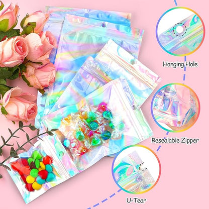 Funfery 100 Pack Smell Proof Holographic Bags Clear Resealable Bags,Mylar Foil Bag with Zipper,Seal Pouch Packaging Bag for Food Storage,Candy,Party Favor Sample Business Supplies(2.4x3.9in)
