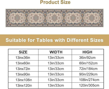 Boho Bohemia Style Table Runner, Vintage Blue Teal Gold Retro Flower Rustic Country Style Floral Print Pattern for Home Kitchen Table Decor Dining Coffee Room Garden Party Decor 13x90in