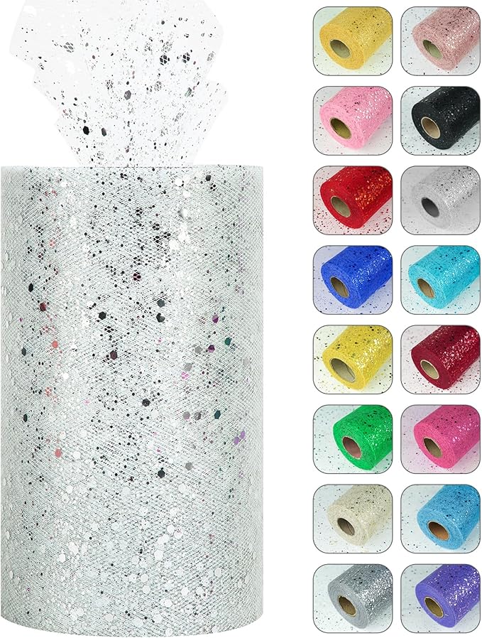 Glitter Tulle Rolls, 6” by 50 Yards (150FT) Sparkling Tulle Spool Ribbon Sequin Tulle Netting Fabric for Tutu Skirt Wedding Birthday Baby Shower (White)