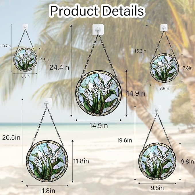 Stained Glass Window Hanging, White Green Lily of The Walley Flowers Sun Catcher for Door Home Decor Plants Suncatcher Christmas Mother's Day Birthday Gifts for Women Men Mom Nana 7.8 in