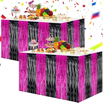 BEISHIDA 2 Pack Hot Pink Black Table Skirts Party Decorations Purple Metallic Tinsel Foil Fringe Table Skirts for Mouse Theme Birthday Mean Girls Hot Girls Wednesday Party