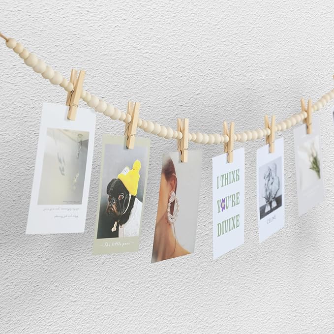 Hanging Photo Display Wall Decor, Boho Wooden Bead Garland Collage Picture Frame with 9 Wood Clips for Bedroom, Living Room, Office, Dorm Decor, Photos Holder Christmas Cards Teen Girl Gifts