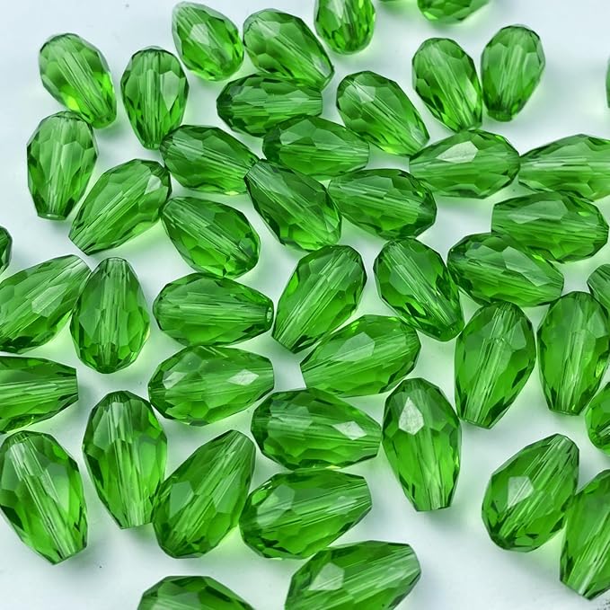 130pcs 6x8mm Teardrop Crystal Glass Beads Vertical Hole Faceted Glass Teardrop Spacer Beads for Bracelets Necklace Earring DIY Jewelry Making Craft(Green)
