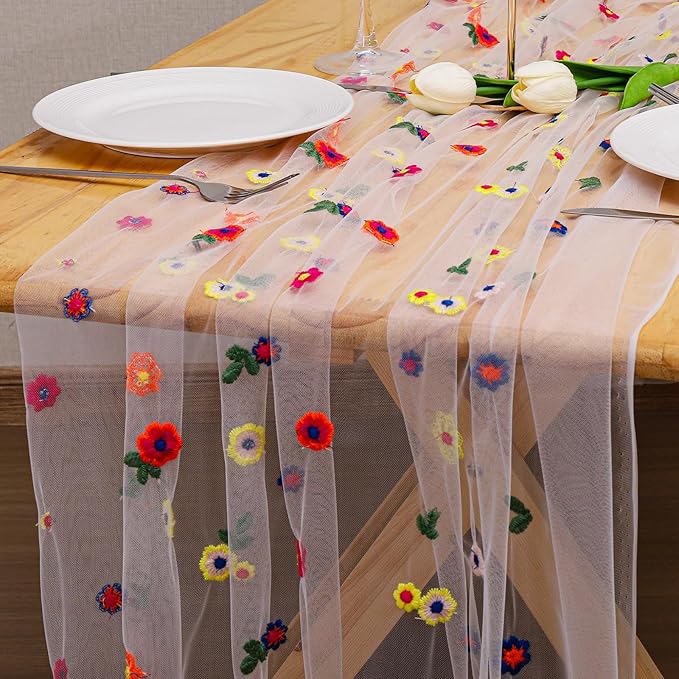 BINBE 1pcs Ivory Daisy Fall Table Runner Embroidery Gauze 10FT Florals Seasonal Tulle Holiday Birthday Kitchen Dining Table Decor for Home Party