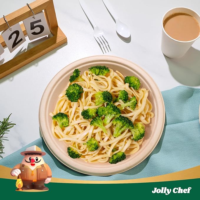 JOLLY CHEF Compostable Heavy Duty Plates 𝟭𝟬 𝗜𝗻𝗰𝗵 [𝟯𝟬𝟬 𝗣𝗮𝗰𝗸] Eco-Friendly Disposable Paper Plates Made of Bagasse Biodegradable Bulk for Party Dinner Sugarcane Fibers Round (Natural)