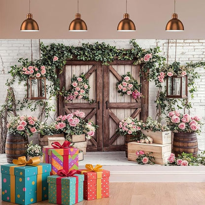 15x10ft Country Wedding Photography Backdrop Floral Rustic Roses Farmhouse Wooden Door Backdrop Pink Flower Birthday Baby Shower Wedding Bridal Party Banner Photo Booth Props Anniversary Background