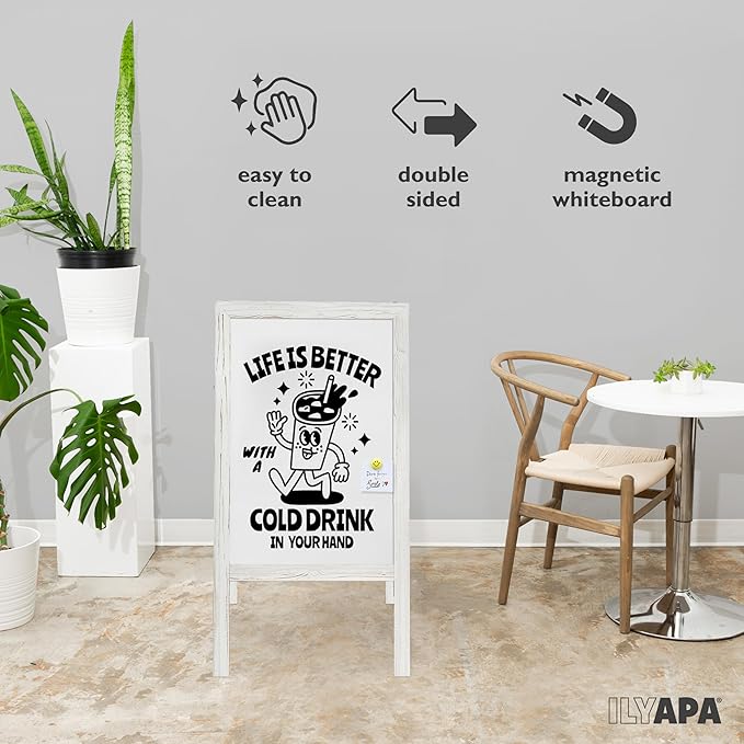 Ilyapa Wooden A Frame Whiteboard Sign - Magnetic Dry Erase Sidewalk Menu Board - Sturdy Freestanding Sandwich Board Signs Outdoor Menu Display for Restaurant, Business, Trade Show - 40 x 20 Inch