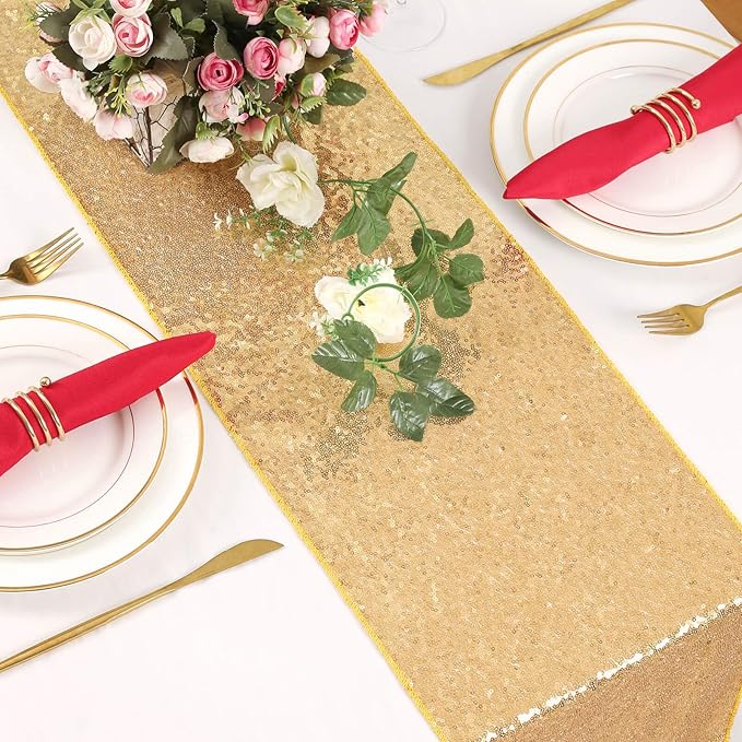 Sequin Table Runners 5 Pieces Gold Table Runners 12x72 Inch Glitter Dining Table Cover for Party Wedding Birthday Reception Banquet Decoration Spring Party Chair Sashes