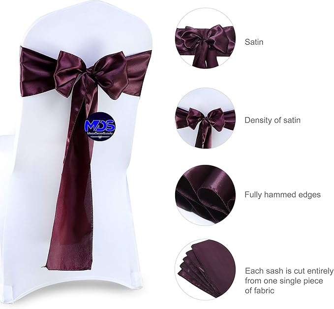 MDS Pack of 75 PCS Satin Chair Sashes Charmeuse Sateen Dining Chair Bows Ribbon Ties Back Sash for Wedding Party Birthday Home Hotel Restaurant Banquet Decoration (7 x 108 Inch, Plum)