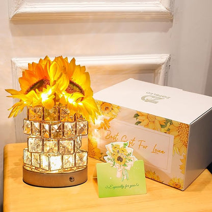 Birthday Gifts for Women/Mom Sunflower Cordless Table Lamp,3 Color Crystal Lamps Touch Bedside Lamps Infinitely Dimming with USB Charge Small Night Light,Nightstand Lamp for Bedroom (Square)