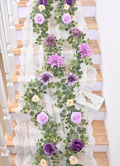 Waipfaru Flower Garland, 6.07Ft Eucalyptus Garland with Flowers, Silk Rose Floral Vines for Wedding Reception Table Mantle Decor (Purple)