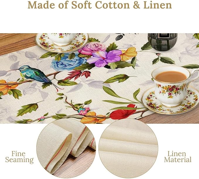 Vintage Bird Flower Table Runner Seasonal Spring Summer Garden Plants Farmhouse Country Kitchen Dinner Runner Dining Table Decoration for Home Party Holiday 13"x36"