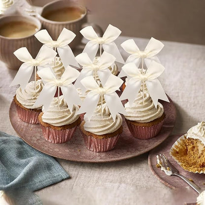 24 PCS Bow Cupcake Toppers Bowknot Coquette Bow Girls Birthday Cake Decorations Bow Cake Toppers Bowknot Cupcake Picks for Baby Shower Birthday Wedding Bridal Engagement Party Supplies Beige