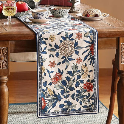 patdrea Designer Blue Cottage Rustic Floral Patterned Linen Table Runner 102 Inch Long,Wrinkle Resistant Table Mat,Decoration for Kitchen Dining and Coffee Tables Banquet Christmas ,12"x102"