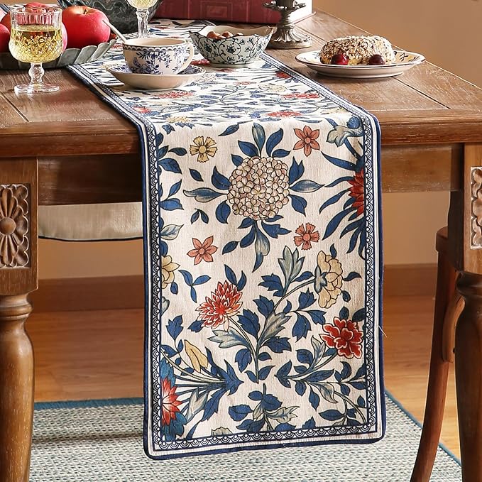 patdrea Designer Blue Cottage Rustic Floral Patterned Linen Table Runner 87 Inch Long,Wrinkle Resistant Table Mat,Decoration for Kitchen Dining and Coffee Tables Banquet Christmas , 12"x87"