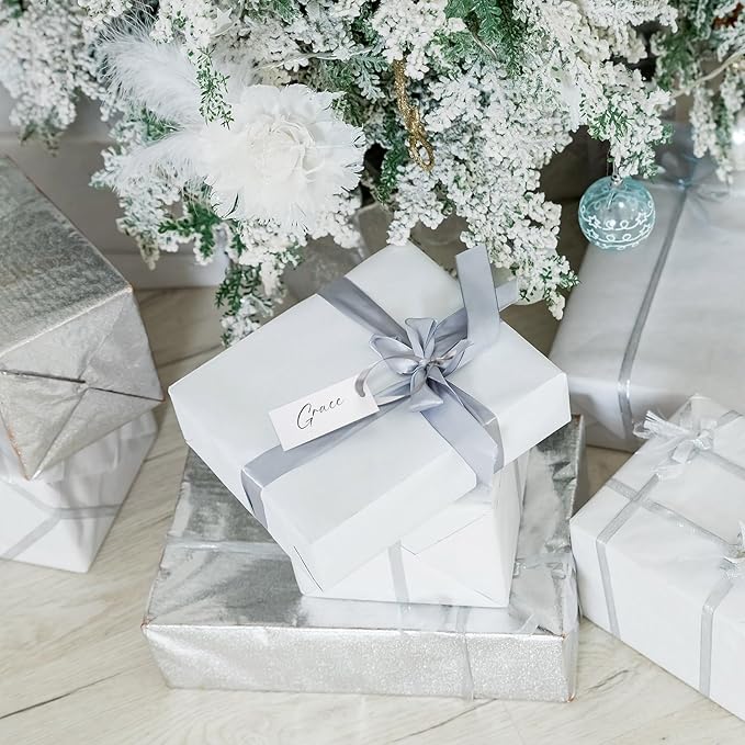 50 Pcs Name Place Cards for Table Setting Blank Wedding Place Cards with Satin Ribbon 1.57 x 3.54 Inch Hanging Gift Tags for Wedding Dinner Banquet Party Table Setting Supplies (Silver)