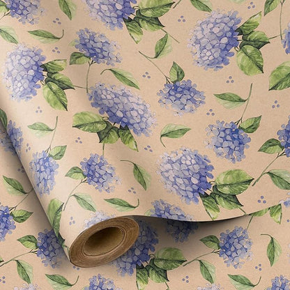 RUSPEPA Hydrangea Wrapping Paper for Women Girls, Mini Roll, Delicate Blooming Floral Gift Wrap, Aesthetic Purple Flower Kraft Paper for Spring, Wedding, Mother's Day, Birthday, 17 Inch x 16.4 Feet