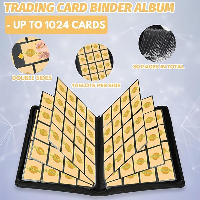 Trading Card Binder 16 Pocket, Foalgo PU Cover Card Binder for 1000+ Cards, Premium Trading Card Holder Folders, Double Sided Pocket Card Album for MTG, TCG (Black)