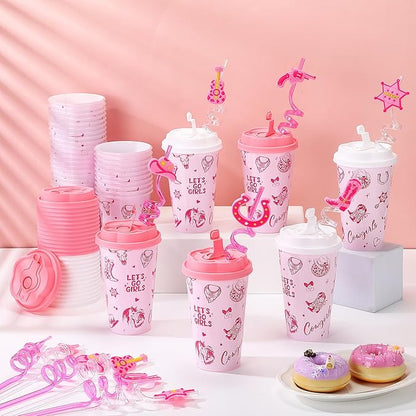 Yungyan 36 Sets Pink Cowgirl Party Favors Goodie Cups with Lids and Straws for Halloween Party Decorations Reusable 16oz Plastic Candy Cups Plastic Straws for Birthday Gift(Pink Cowgirl)