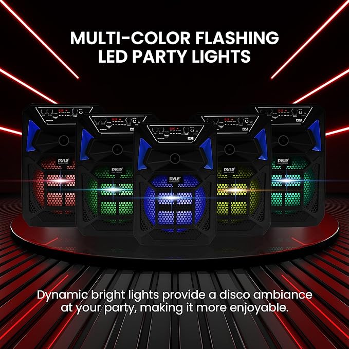 Pyle Bluetooth PA Speaker & Microphone System - Portable Karaoke Speaker with Wired Mic, Built-in LED Party Lights, FM Radio, MP3/USB/Micro SD Readers, Speaker Stand (8’’ Subwoofer, 400 Watt MAX)