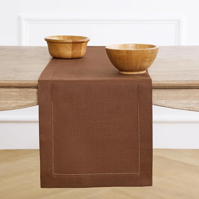 Solino Home Linen Brown Table Runner 48 Inches - Classic Hemstitch, 100% Pure Linen Coffee Table Runner 14 x 48 Inch Ideal for Dresser Tables, Fall, Autumn, Thanksgiving