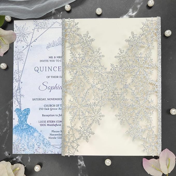 20 sets glitter snowflake invitations,laser cut wedding invitations,DIY wedding invitations,invitation card pocket envelop for all occation