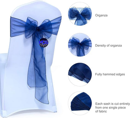 MDS Pack of 150 PCS Organza Chair Sashes Wider Dining Chair Bows Ribbon Tie Back for Wedding Party Birthday Bridal Shower Reception Event Banquet Home Chair Cover Decoration - Navy Blue