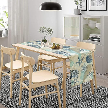 Nautical Coastal Table Runner，Ocean Themed Starfish Coral Conch Beach Kitchen Dinning Table Decoration for Indoor Outdoor Home Party Decor 13x120 Inch