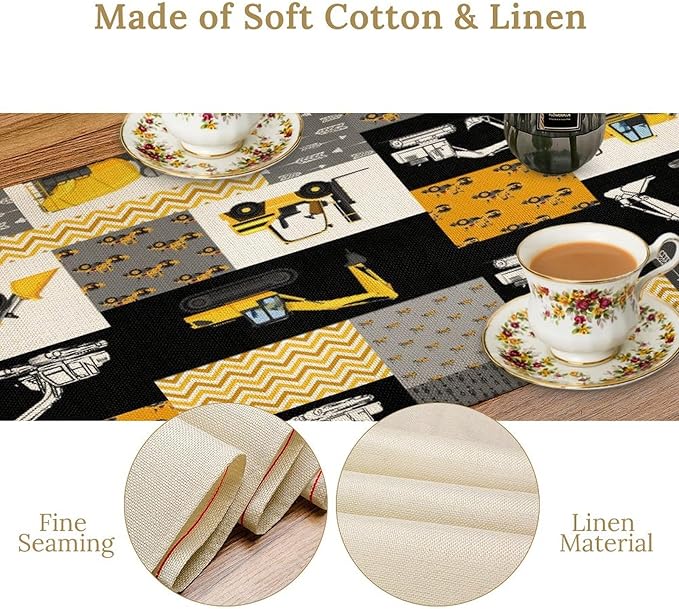 Excavator Table Runner,Boys Kids Construction Vehicles Equipment Trucks Cartoon Car Tablecloth Burlap for Hotel Indoors Outdoor Dining Room Kitchen Holiday Party, 13x108in
